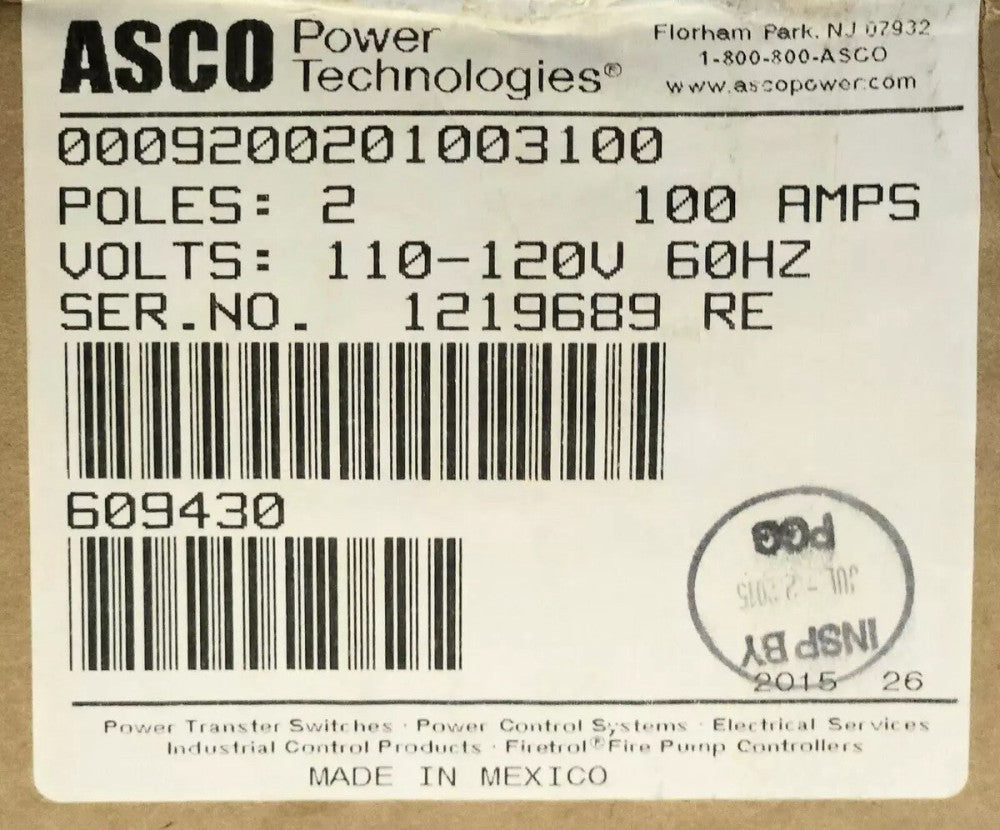 ASCO 00092000201003100 Remote Control Switch Model 920 100 AMP 2 Pole 120 VAC
