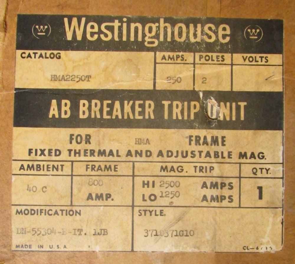 WESTINGHOUSE HMA2250T 2 Pole 250 Amp Type MA HMA Trip Unit 371D371G10