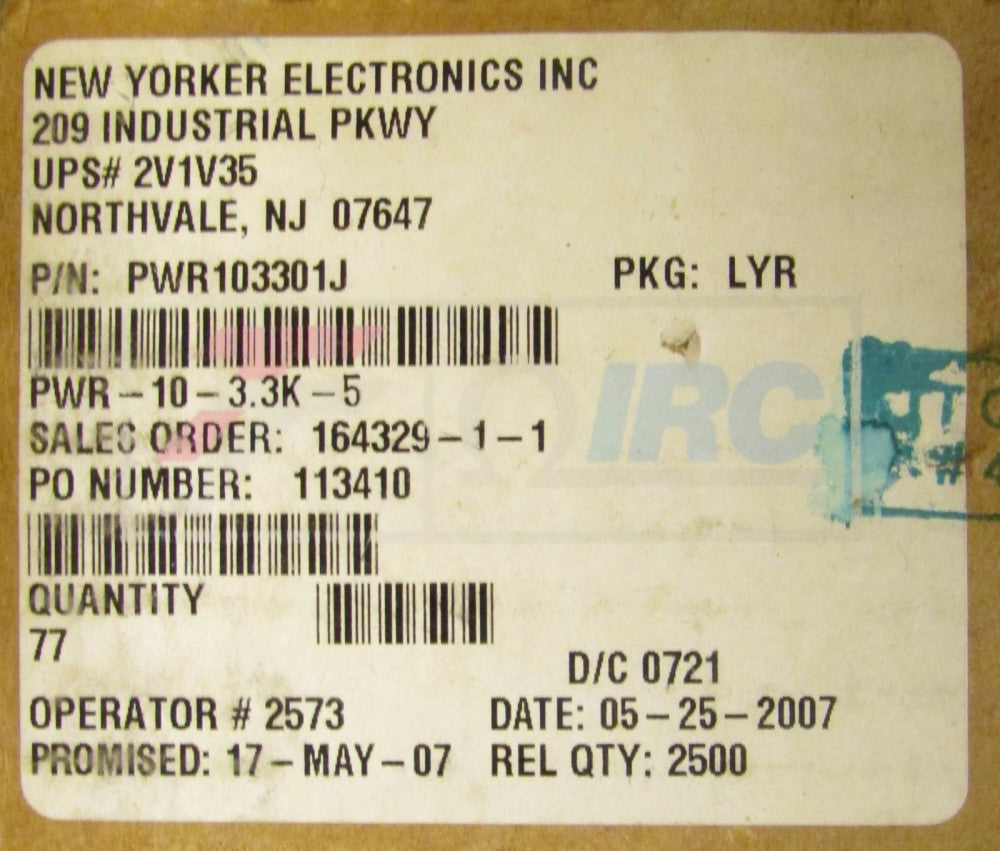 IRC Ceramic Resistor PWR10 3301J PWR-10-3.3K-5