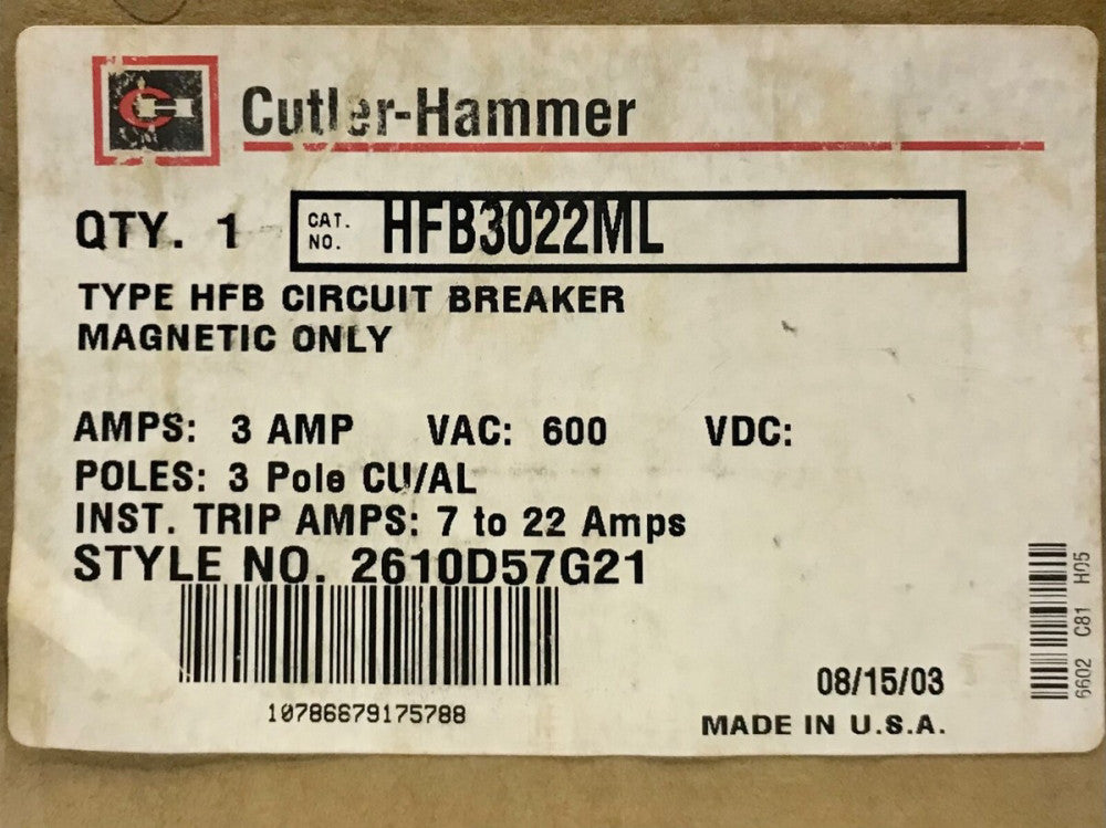 CUTLER HAMMER WESTINGHOUSE HFB3022ML 3 Pole 3 AMP Type HFB Mag ONLY