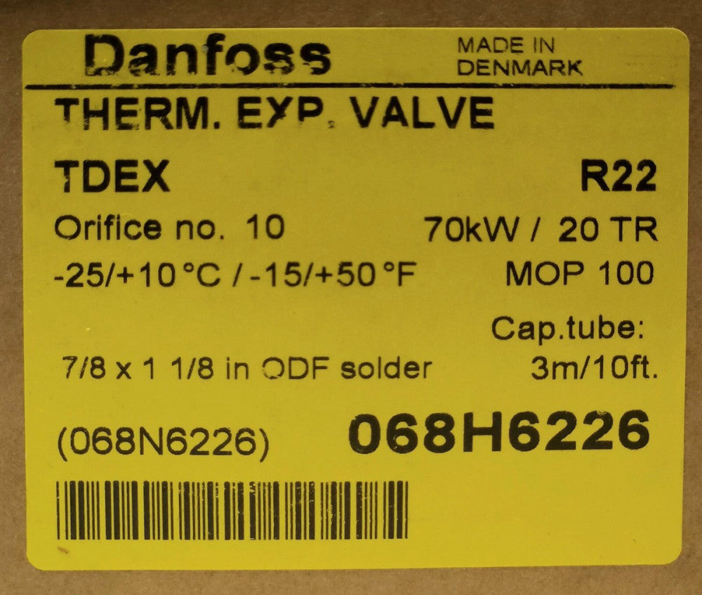 DANFOSS TDEX 20 TR R22 70 KW Thermal Expansion Valve MOP100 400 PSIG 068H6226
