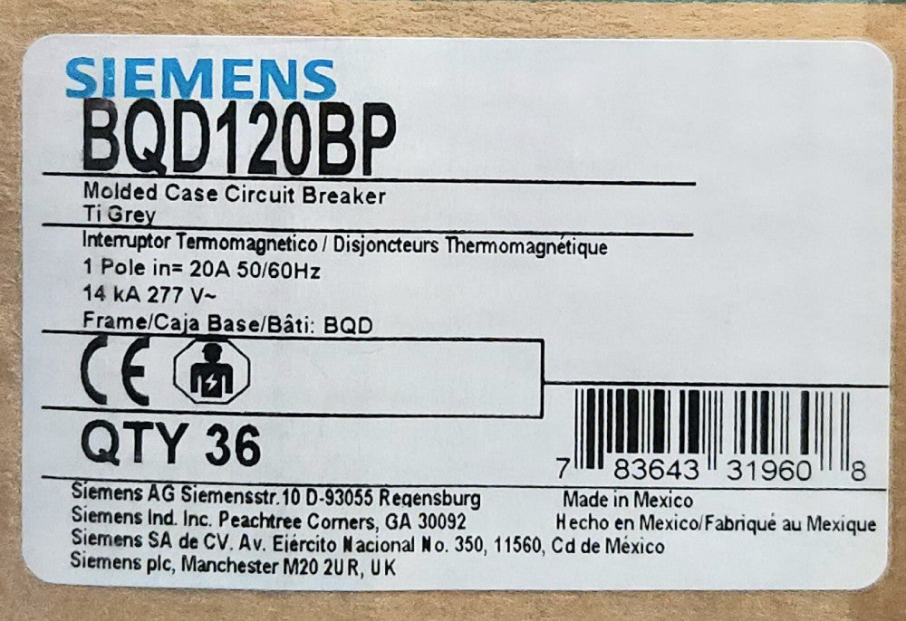 SIEMENS BQD120 Single Pole 20 AMP Type BQD Circuit Breaker BQD120BP