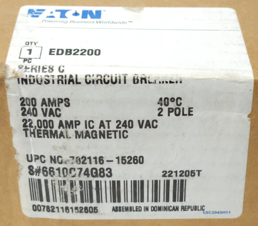 EATON CUTLER HAMMER EDB2200 2 Pole 200 AMP Type EDB Circuit Breaker