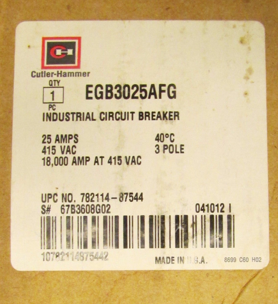 CUTLER HAMMER E125B Circuit  Breaker 3 Pole 25 Amp  EGB3025AFG