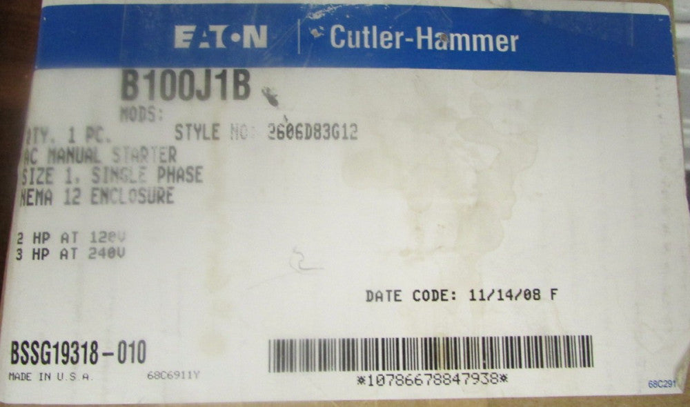 Eaton Cutler Hammer B100J1B Size 1 Single Phase 2-3 HP Manual Starter 