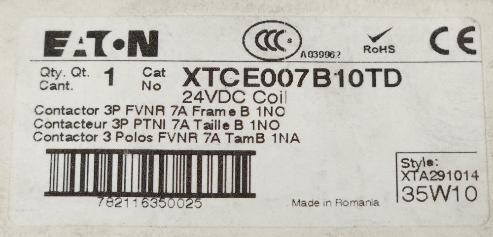 EATON DILM7-10 XTCE007B10TD 24 VDC XTCE007B10 FVNR Contactor 3 Pole 7 AMP 1 NO 1