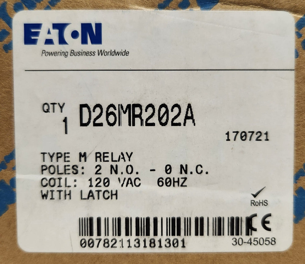 EATON CUTLER HAMMER D26MR202A 120 VAC Type M Relay 2 NO Poles with  Latch
