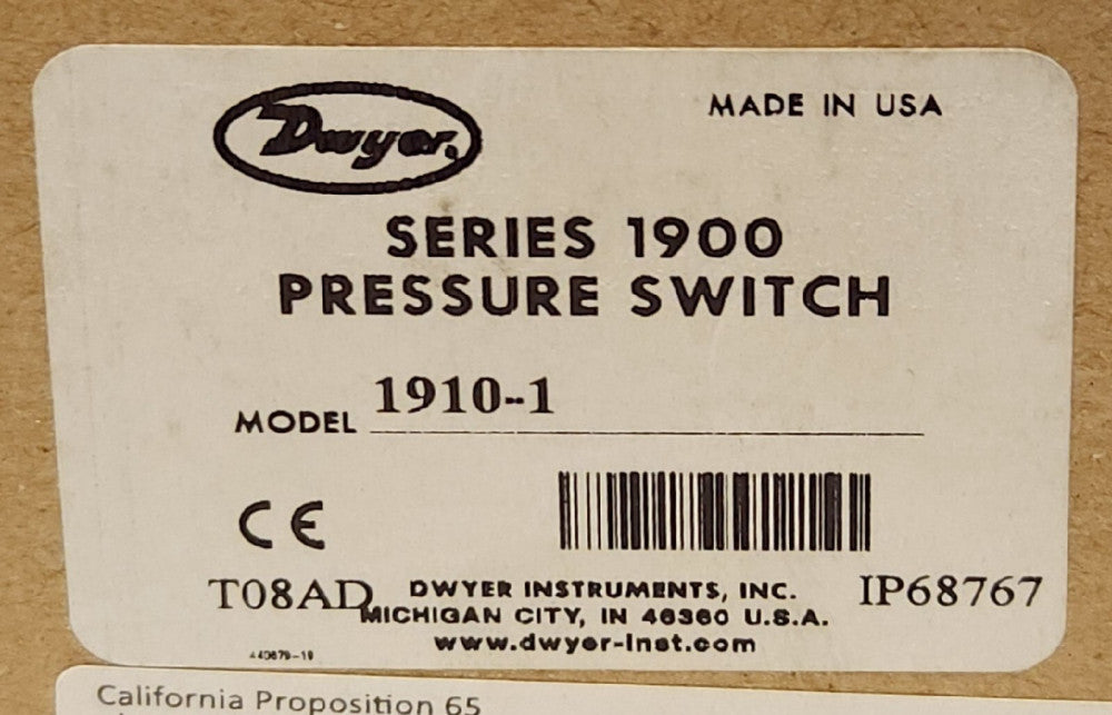 DWYER 1910-1 Series 1900 Pressure Switch 125 250 480 VAC 10 PSI 1910-1