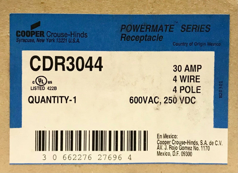 COOPER CROUSE HINDS CDR3044 30 AMP Powermate Receptacle 4 Pole 4 Wire 600 VAC