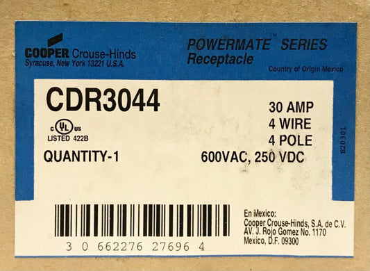 COOPER CROUSE HINDS CDR3044 30 AMP Powermate Receptacle 4 Pole 4 Wire 600 VAC