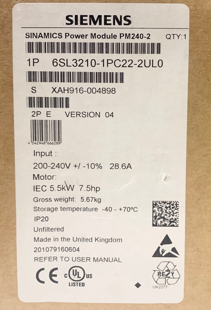 SIEMENS 6SL3210 1PC22 2UL0 SINAMICS PM240-2 7.5 HP Motor Drive 200-240 VAC 