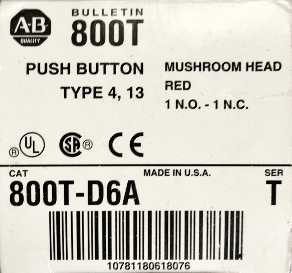 ALLEN BRADLEY D6A Red Mushroom Head Momentary Pushbutton 1 NO 1 NC Contact Block