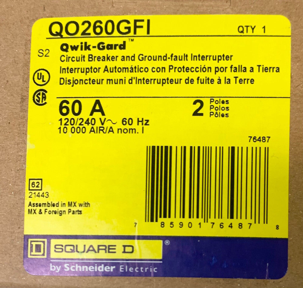 SQUARE D QO260GFI 2 Pole 60 AMP Type QO Ground Fault Circuit Breaker Qwik Guard