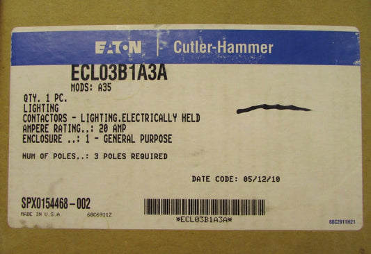 EATON CUTLER HAMMER ECL03B1A3A Mods: A35 Electrically Held Lighting Contactor 