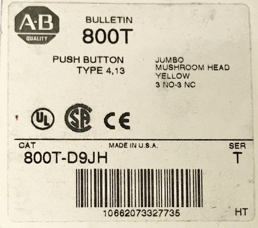 ALLEN BRADLEY 800T D9JH Jumbo Yellow Mushroom Head Pushbutton 3 NO 3 NC