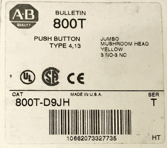 ALLEN BRADLEY 800T D9JH Jumbo Yellow Mushroom Head Pushbutton 3 NO 3 NC