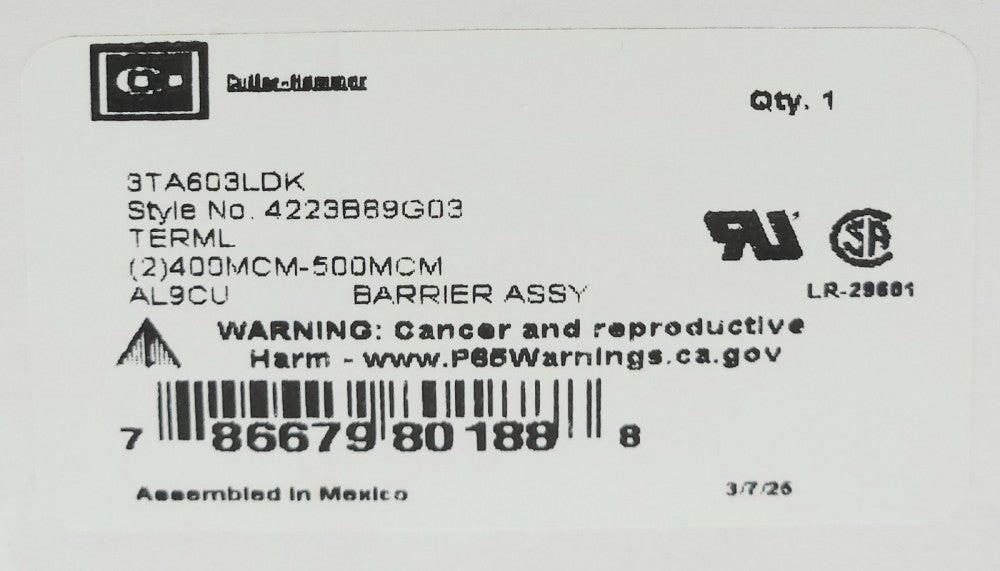 EATON CUTLER HAMMER 3TA603LDK L Frame Type LD HLD Breaker Lug Terminal Kit 4223B