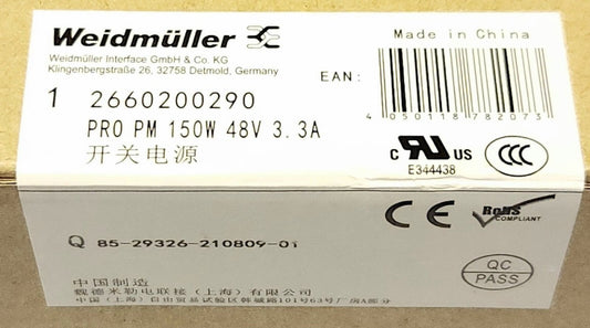 WEIDMULLER PRO PM 150W 48V 3.3A Power Supply 2660200290 150 Watt 3.3 AMP Input
