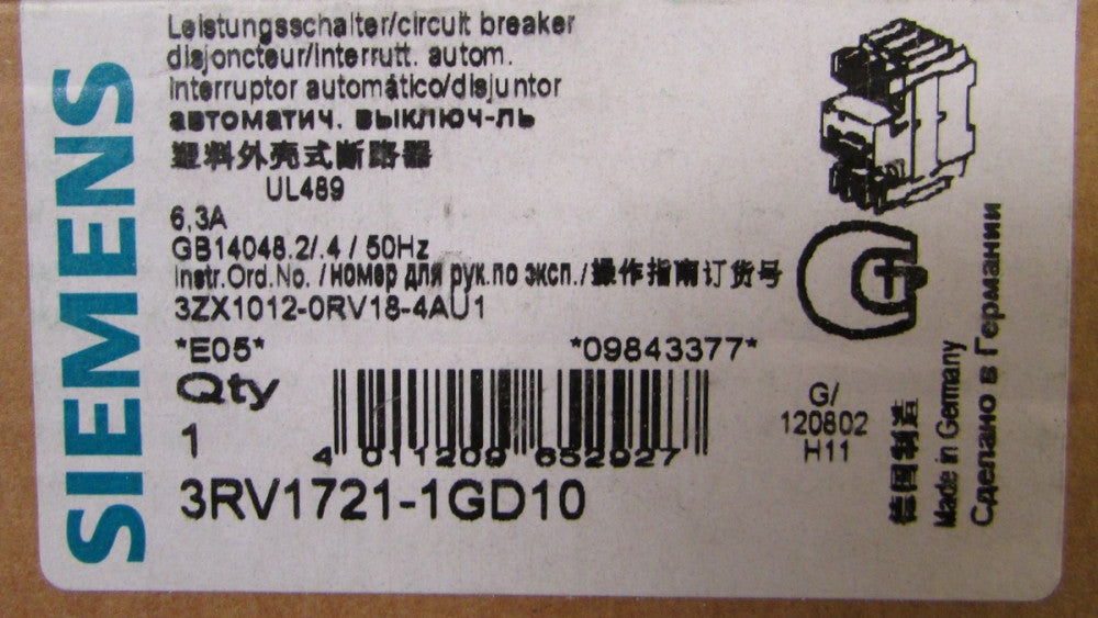 SIEMENS 3RV1721 1GD10 6.3 Amp SIRIUS Manual Circuit Breaker 