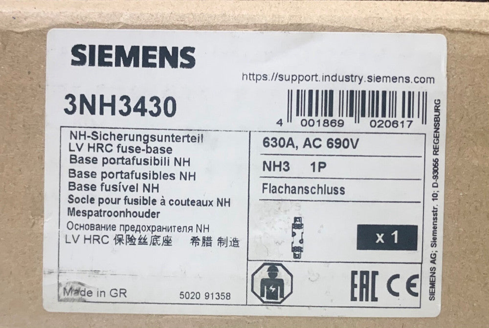 SIEMENS 3NH3430 HRC II MISC 500 AMP 600 VAC Fuse Holder NH3 630A 3NH3