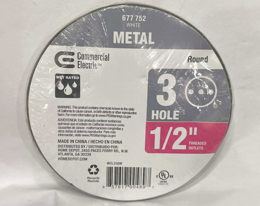 COMMERCIAL ELECTRIC 677 752 White Metal Round 3 Hole 1/2" Thread Outlets WCL330W