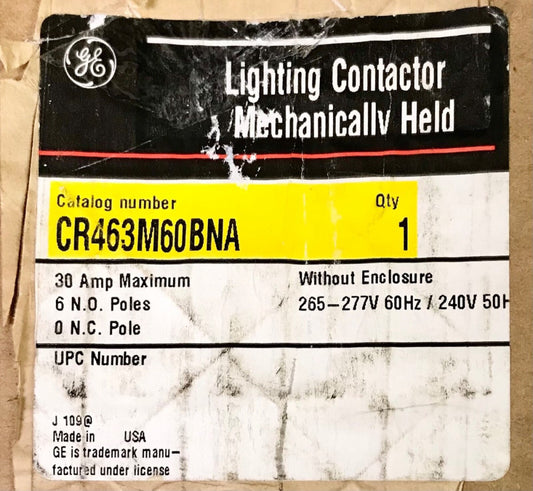 GENERAL ELECTRIC CR463M60BNA 30 AMP 265-277 VAC 6 NO Poles Lighting Contactor 