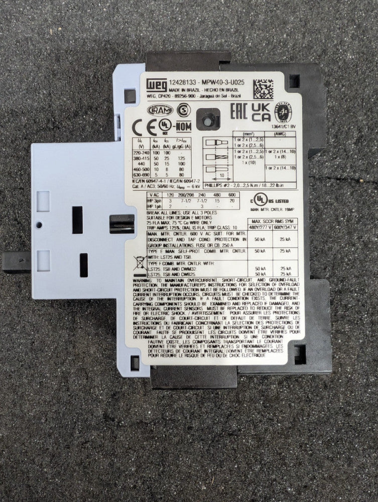 Used, WEG, MPW40-3-UO25, ELECTRIC MPW40 SERIES MANUAL MOTOR PROTECTOR, ROTARY
