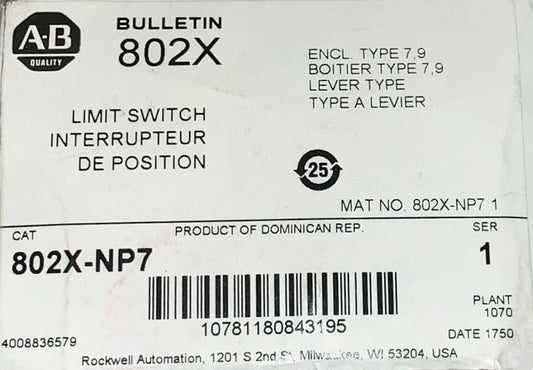 ALLEN BRADLEY 802X NP7 Type 7 Type 9 Lever Type Hazardous Location Limit Switch