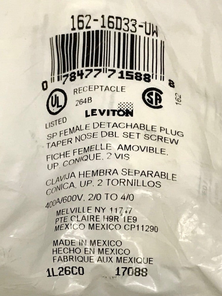 LEVITON 162 16D33 UW SP Detachable Female Plug 400 AMP 600 VAC 2/0 to 4/0 264B