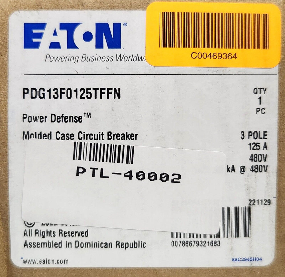 EATON PDG13F0125TFFN 3 Pole 125 AMP Type PDG1 Power Defense Circuit Breaker