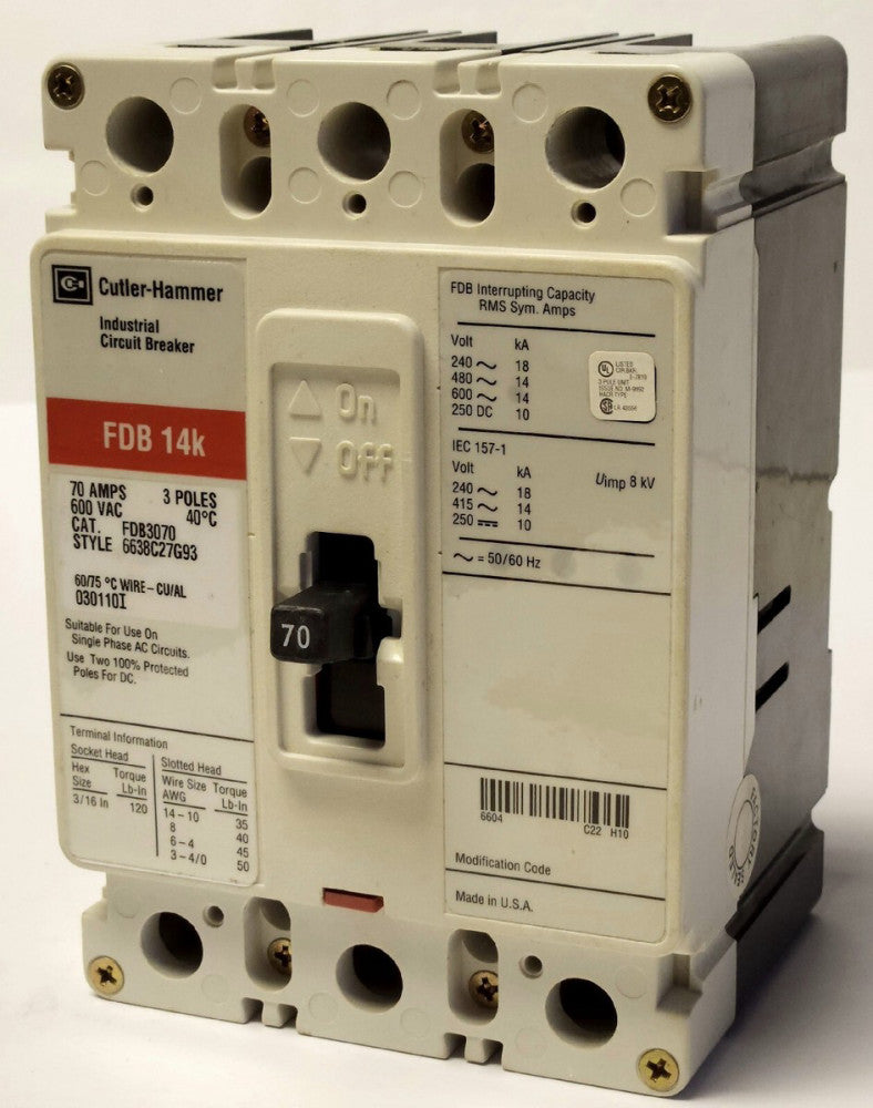 EATON CUTLER HAMMER FDB3070 3 Pole 70 AMP Type FDB Circuit Breaker