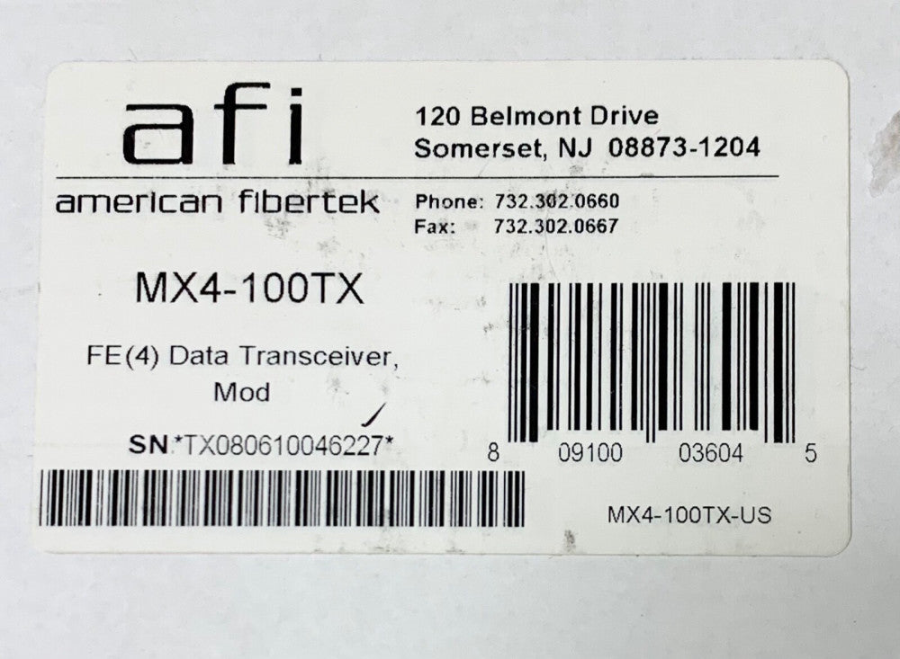 AFI AMERICAN FIBERTEK MX4-100TX US FE (4) Dat Transceiver Module   