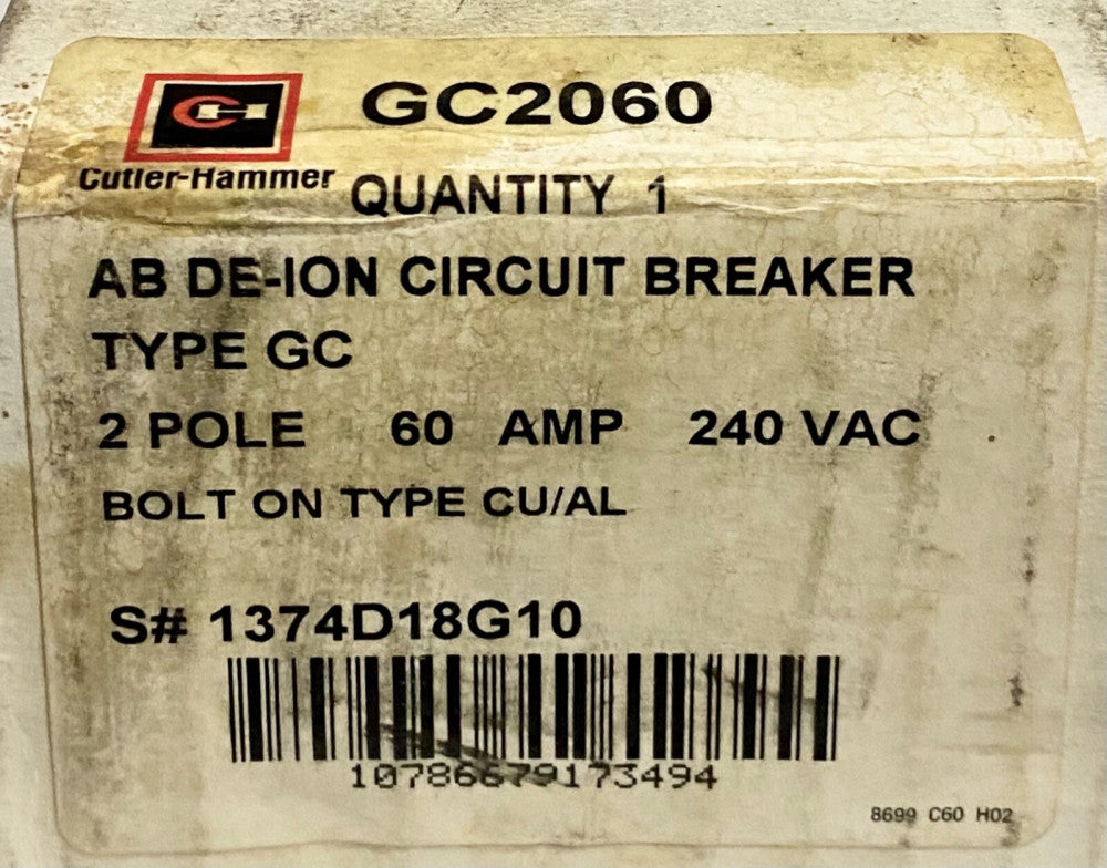 EATON CUTLER HAMMER GC2060 2 Pole 60 AMP Type GC Circuit Breaker 240 VAC