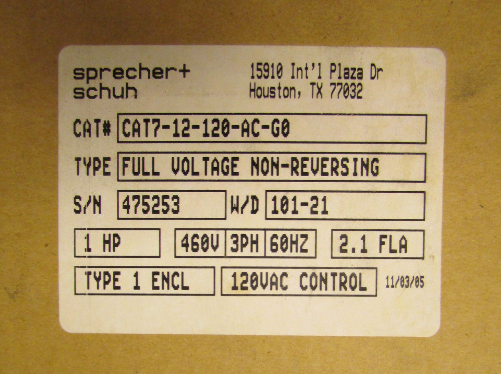 SPRECHER SCHUH CAT7 12 120 AC G0 120V 2.1 Amp Starter Nema 1 Enclosure