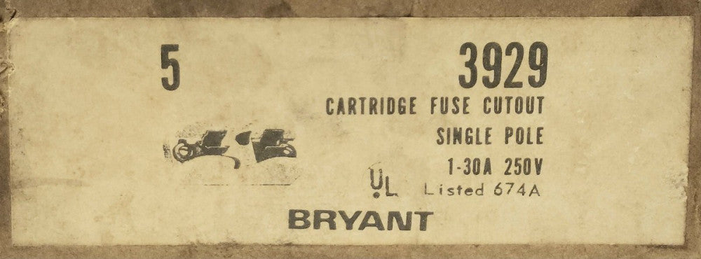 BOX OF 5 BRYANT 3929 Single Pole PORCELAIN Fuse Holder 1-30 AMP 250 VAC 674A