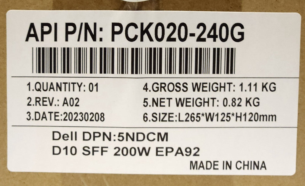 DELL DPN 5NDCM API PCK020 240G D10 SFF 200W EPA92 SWITCHING Power Supply Input