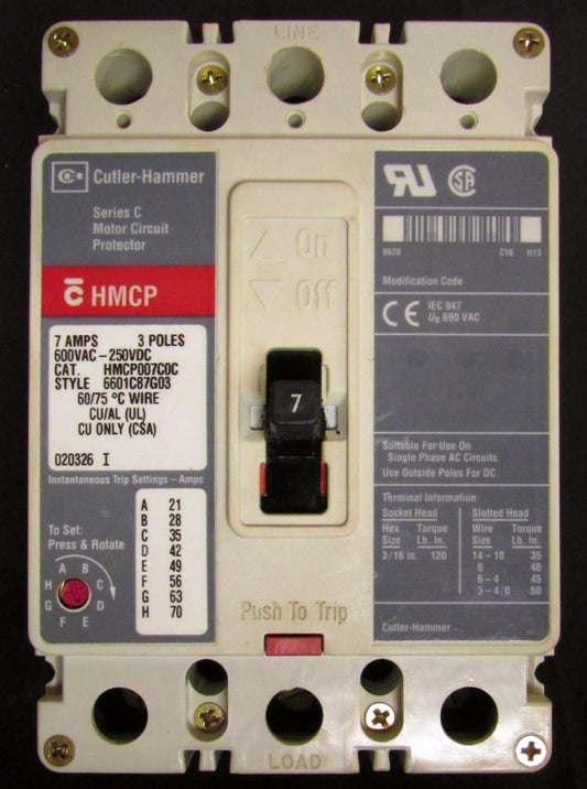 Cutler Hammer Type HMCP Motor Circuit Protector 7 Amp 3 Pole HMCP007C0C