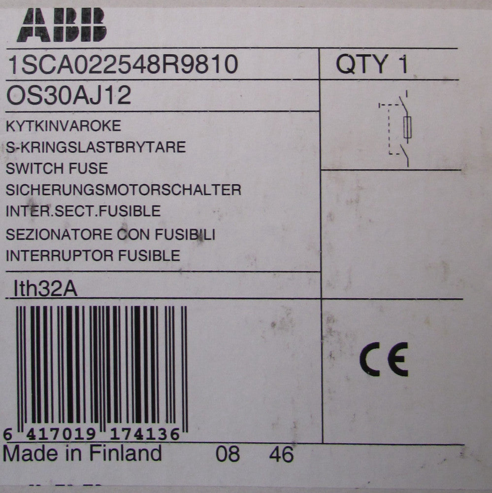 ABB OS30AJ12 30 Amp 600VAC Disconnect Switch 32 Amp MAX 1SCA022548R9810