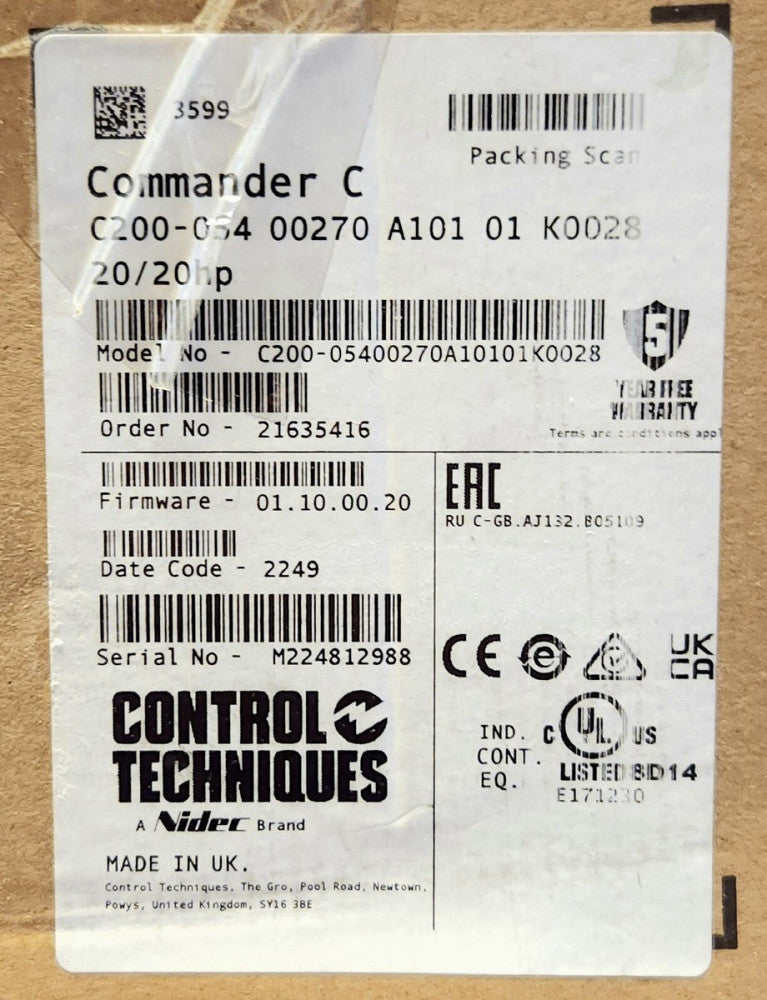 NIDEC CONTROL TECHNIQUES C200 054 00270 A101 01 K0028 20/20 HP COMMANDER C 20 HP