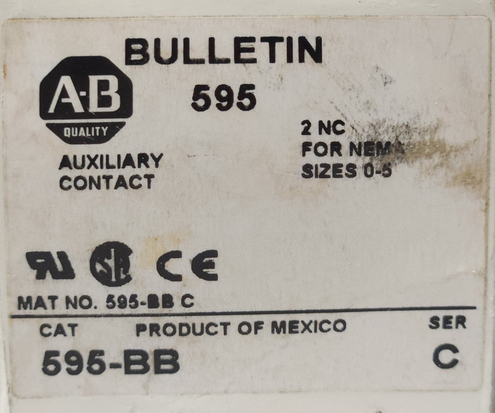 ALLEN BRADLEY 595-BB 2 NC Auxiliary Contact Size 0 to Size 5 595 BB