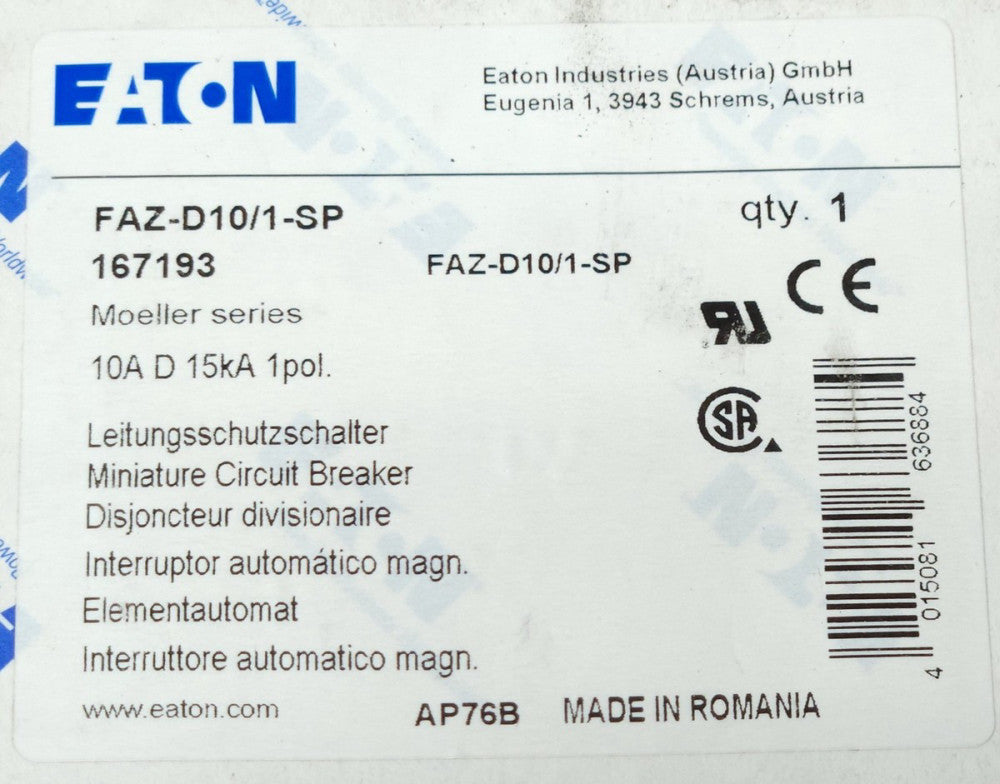 EATON FAZ D10 1 SP Single Pole 10 AMP XEFFECT Miniature Circuit Breaker FAZ D10
