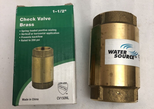 NEW Water Source Spring Loaded Brass Check Valve 200psi - 1-1/2" - CV-150NL