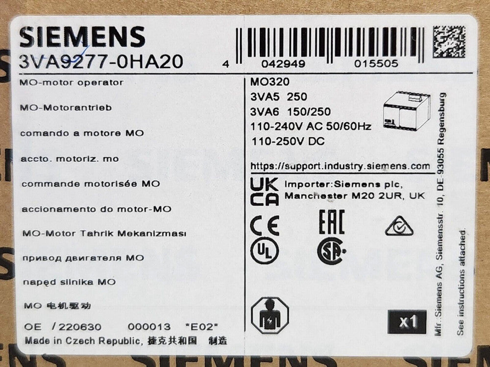 SIEMENS 3VA9277 0HA20 MO320 Circuit Breaker Motor Operator 110-240 VAC 110-250