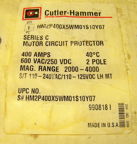 CUTLER HAMMER HM2P400X5WM01S10Y07 Series C Motor Circuit Protector 400 Amp 2 P