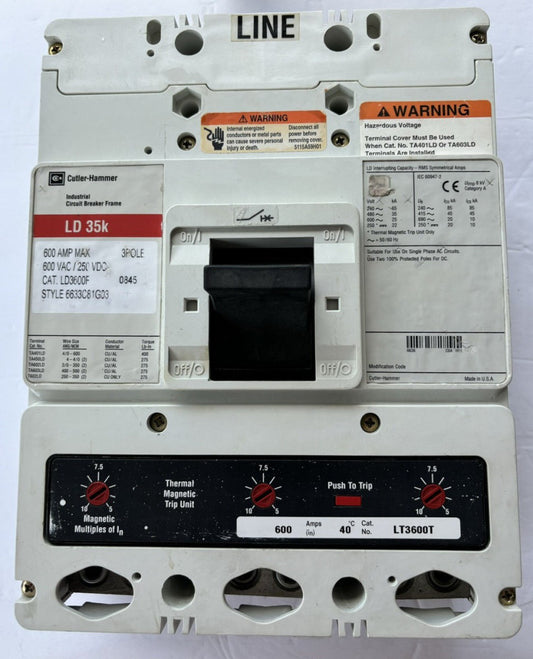 EATON CUTLER HAMMER LD3600 3 Pole 600 AMP Type LD Circuit Breaker LT3600T TRIP