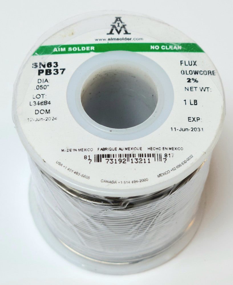AIM SOLDER SN63 PB37 KESTER NO CLEAN 1 POUND DIAMETER .050" FLUX GLOWCORE 2%