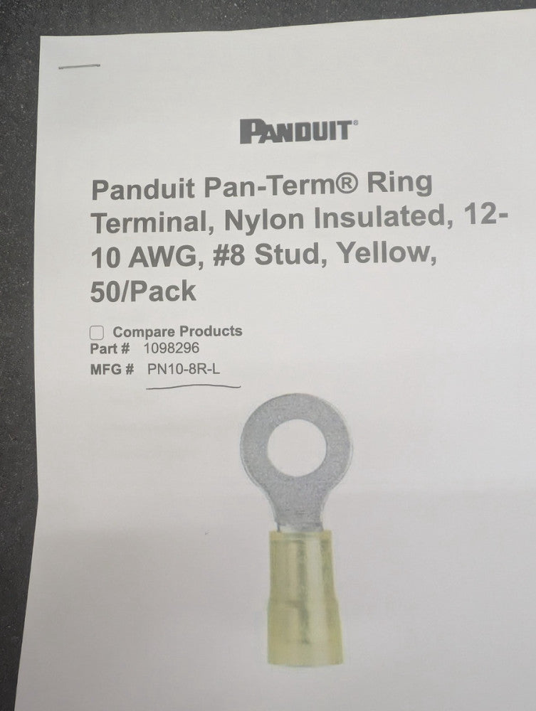 New, Panduit, PN10-8R-L, Pan-Term Ring Terminal, Nylon Insulated - Lot of 50pcs