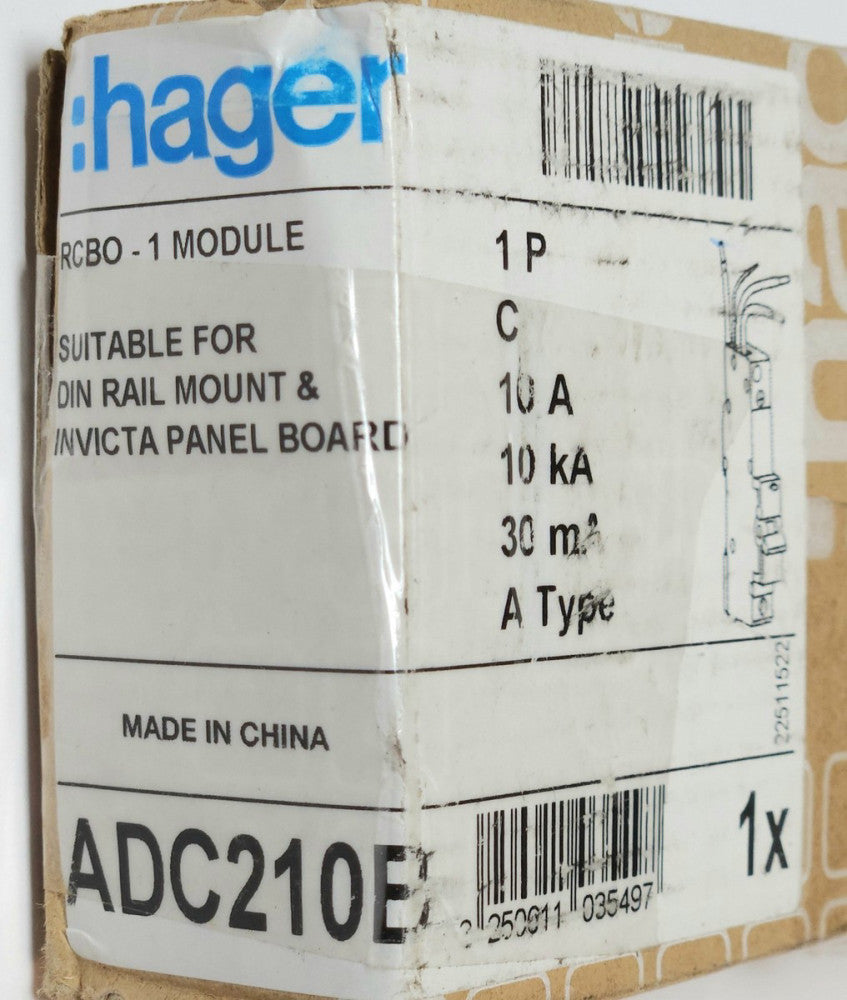 HAGER ADC210B C10 Single Pole 10 AMP Type A RCBO Invicta Panel Board Circuit Bre