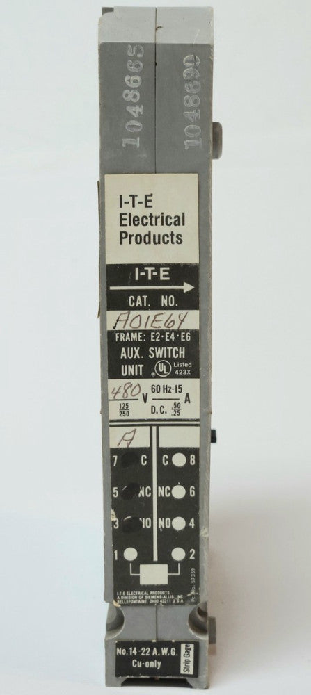 ITE SIEMENS A01E64 FRAME E2 E4 E6 Auxiliary Switch 480 VAC