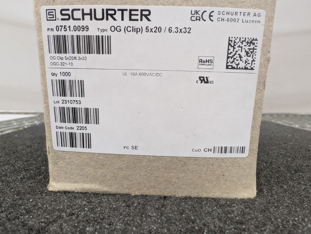 New, Schurter, 0751.0099, Fuse Clip 16A 600VDC/600VAC Through Hole - Lot of 500